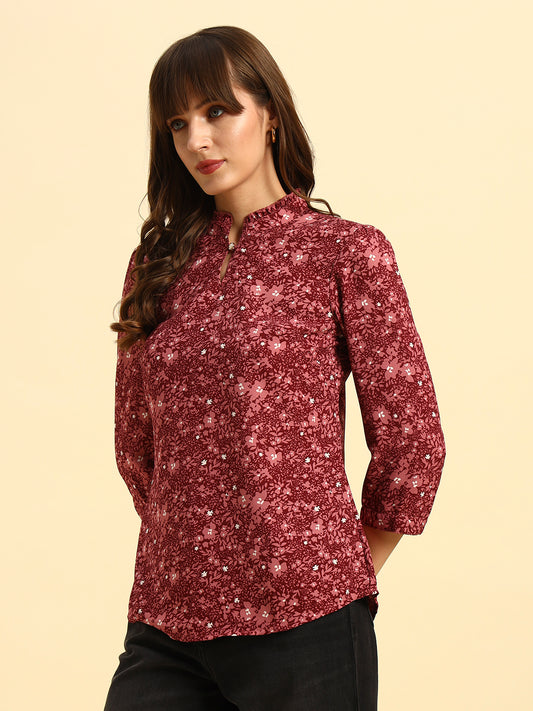 Top for Women | Breathable & Soft with Color Fastness Regular Fit Mandarin Collar Poly Cotton Fabric Printed Pattern