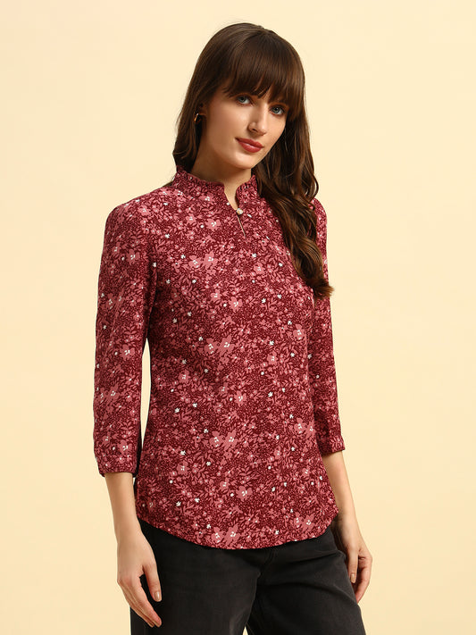 Top for Women | Breathable & Soft with Color Fastness Regular Fit Mandarin Collar Poly Cotton Fabric Printed Pattern