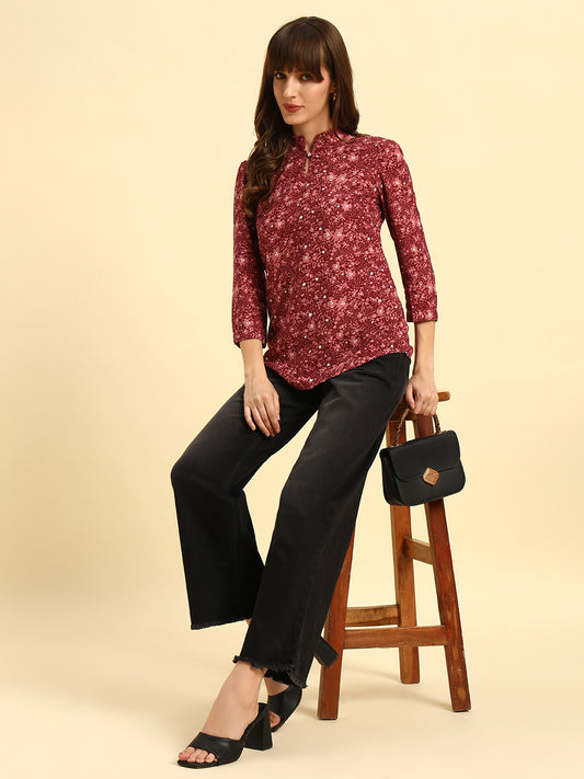 Top for Women | Breathable & Soft with Color Fastness Regular Fit Mandarin Collar Poly Cotton Fabric Printed Pattern