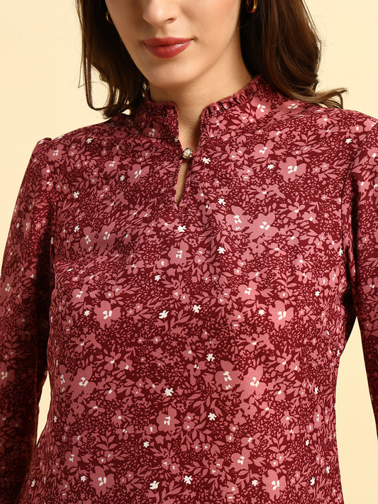 Top for Women | Breathable & Soft with Color Fastness Regular Fit Mandarin Collar Poly Cotton Fabric Printed Pattern