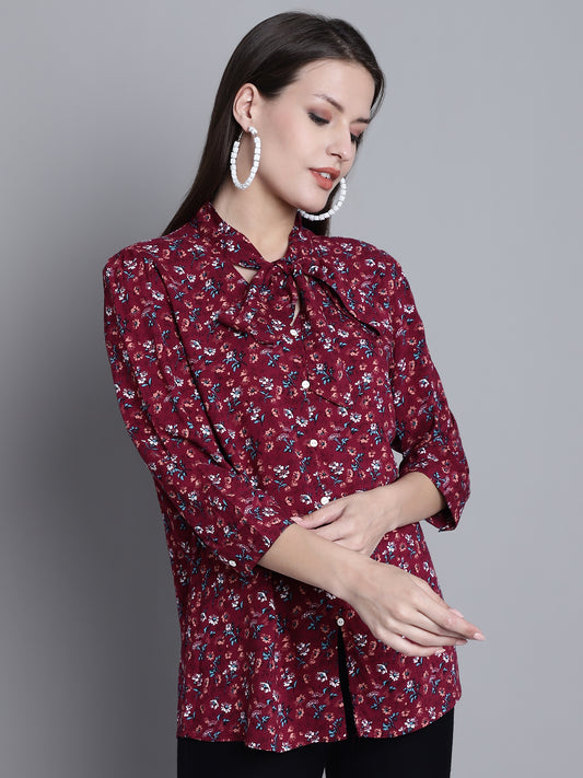 Cantabil Women Rayon Wine Floral Printed 3/4 Sleeves Tie Neck Casual Top (7163164590219)