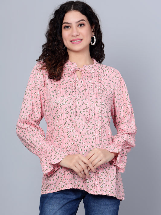 Cantabil Women Pink Floral Printed Full Sleeves Casual Top (7153643847819)