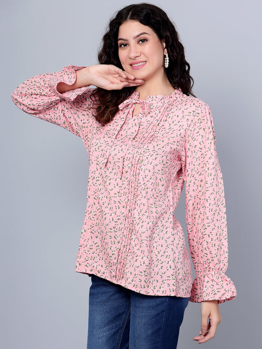 Cantabil Women Pink Floral Printed Full Sleeves Casual Top (7153643847819)