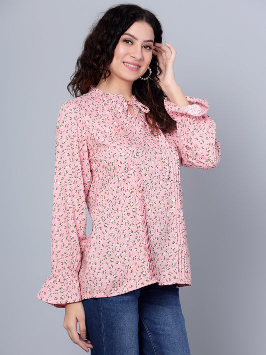 Cantabil Women Pink Floral Printed Full Sleeves Casual Top (7153643847819)