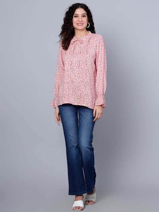Cantabil Women Pink Floral Printed Full Sleeves Casual Top (7153643847819)