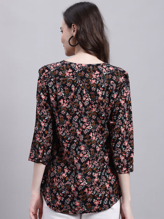 Cantabil Women Black Floral Printed 3/4 sleeve Top (7155772293259)