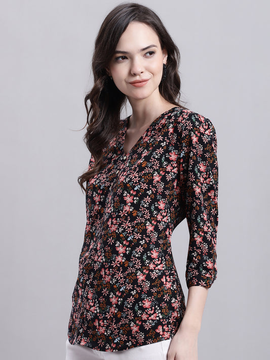 Cantabil Women Black Floral Printed 3/4 sleeve Top (7155772293259)