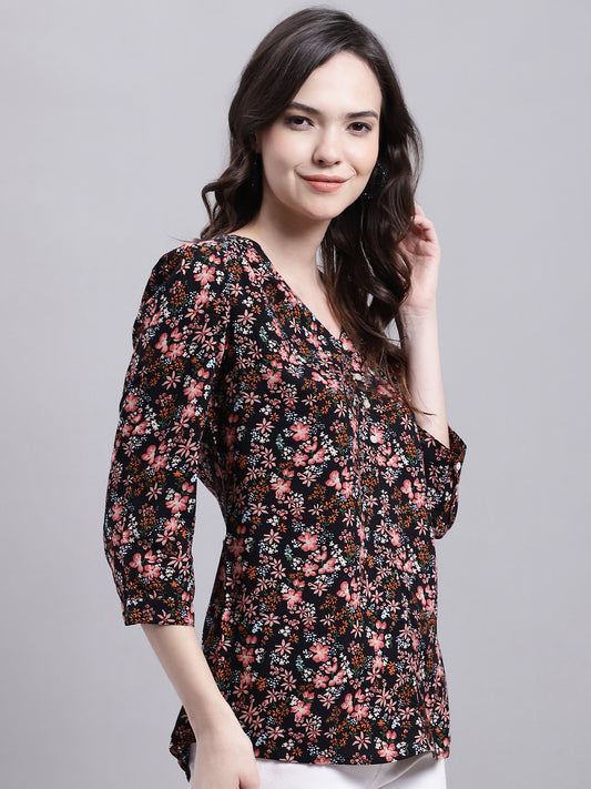 Cantabil Women Black Floral Printed 3/4 sleeve Top (7155772293259)