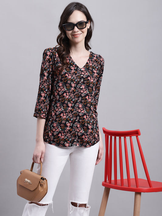 Cantabil Women Black Floral Printed 3/4 sleeve Top (7155772293259)