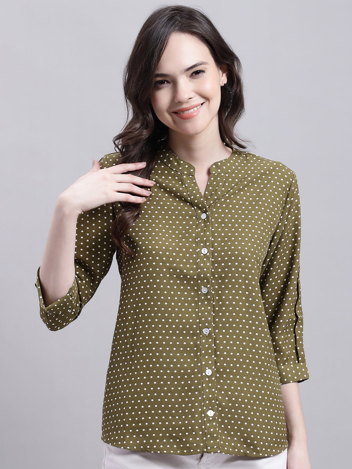 Cantabil Women Green Polka dot Printed 3/4 sleeve Top (7155760496779)