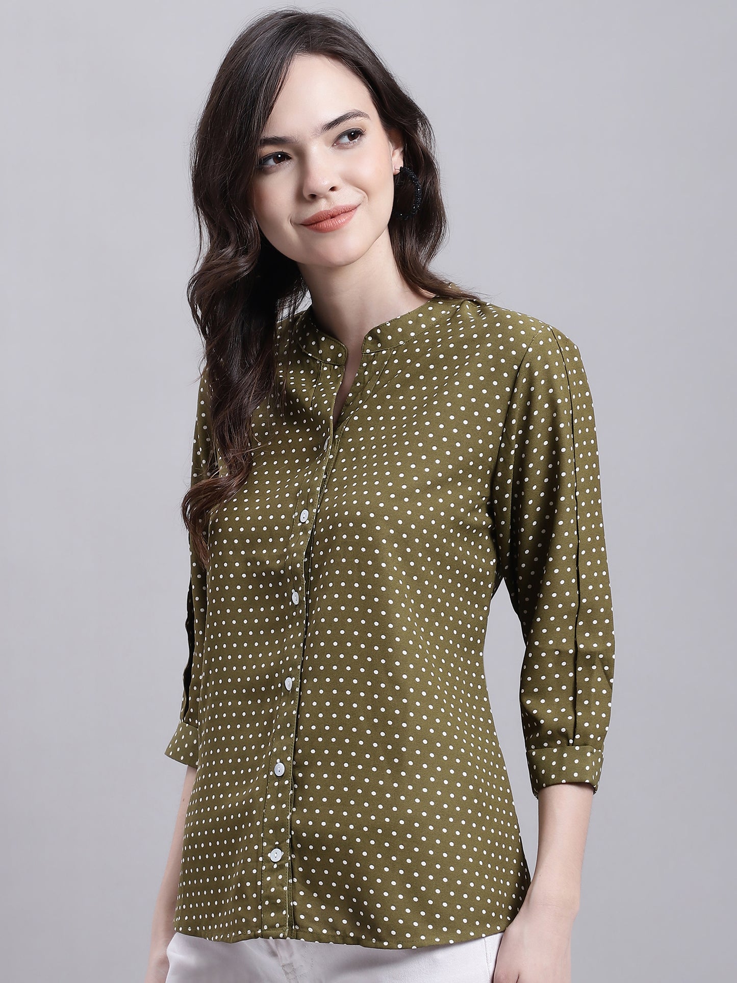 Cantabil Women Green Polka dot Printed 3/4 sleeve Top (7155760496779)