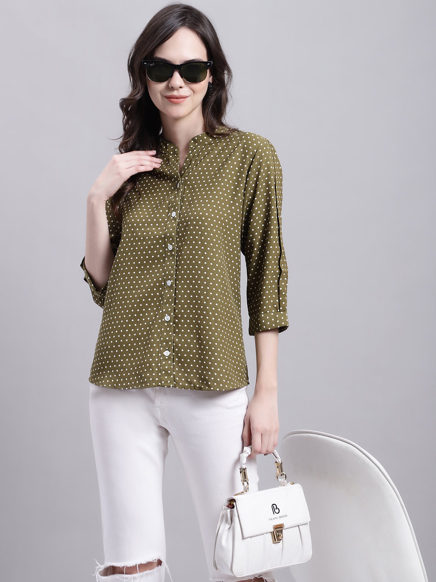 Cantabil Women Green Polka dot Printed 3/4 sleeve Top (7155760496779)