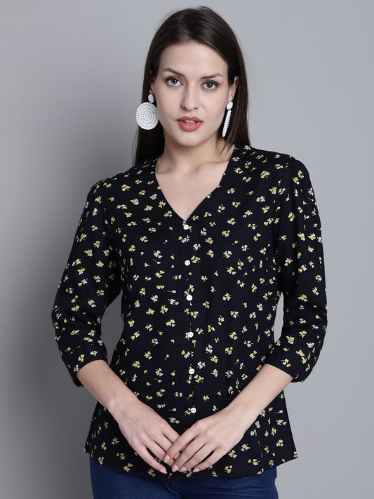 Cantabil Women Rayon Floral Printed Three Quarter Sleeves V Neck Navy Blue Casual Top (7163165835403)