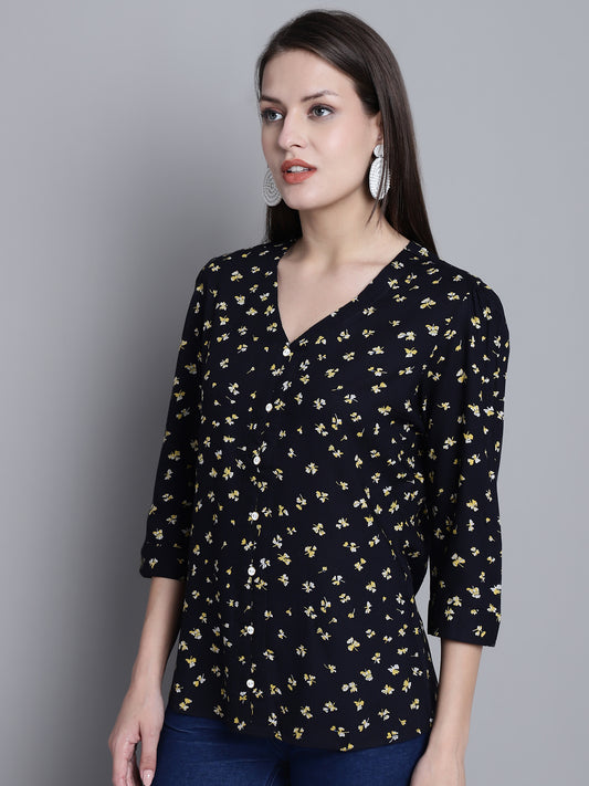 Cantabil Women Rayon Floral Printed Three Quarter Sleeves V Neck Navy Blue Casual Top (7163165835403)