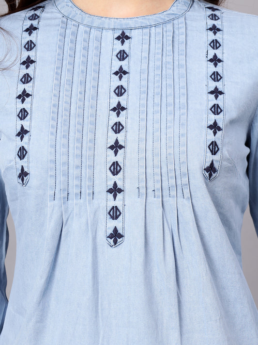 Women's Light Blue Embroidery Casual Top