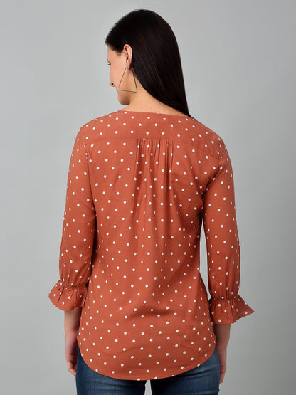 Women's Casual  Brown Polka dot Print V neck Top