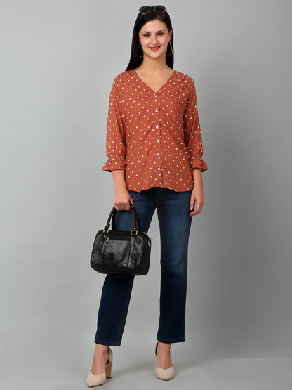 Women's Casual  Brown Polka dot Print V neck Top