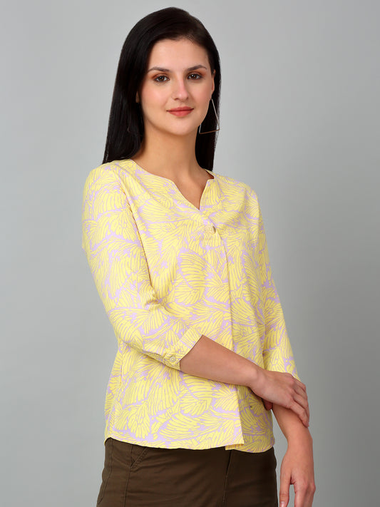 Women's Casual  Yellow Abstract Print V neck Top