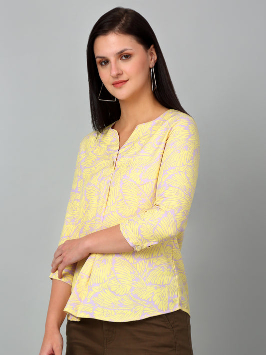 Women's Casual  Yellow Abstract Print V neck Top