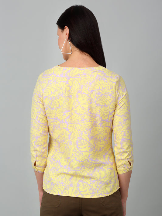 Women's Casual  Yellow Abstract Print V neck Top