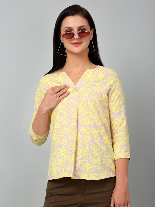 Women's Casual  Yellow Abstract Print V neck Top