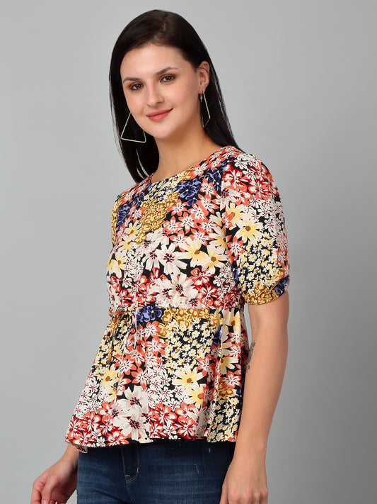 Women's Casual  Multi Color Floral Print Round neck Top