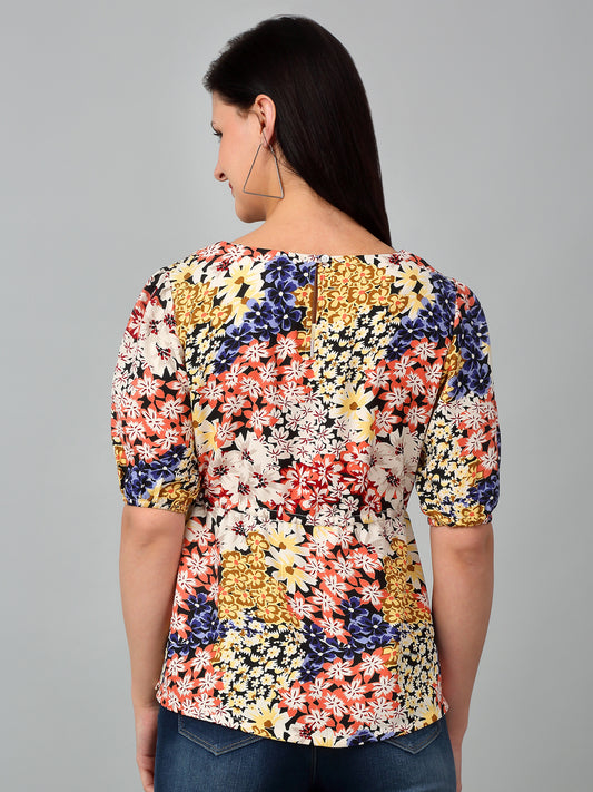 Women's Casual  Multi Color Floral Print Round neck Top