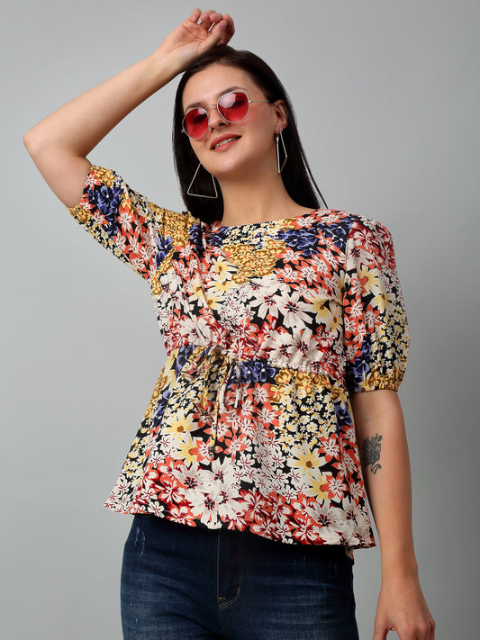 Women's Casual  Multi Color Floral Print Round neck Top