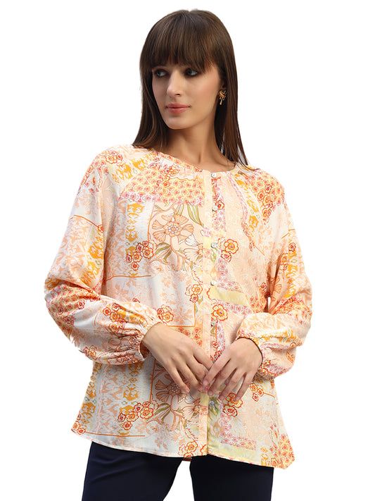 Women's Multi Printed Full Sleeves Round Neck Casual Top