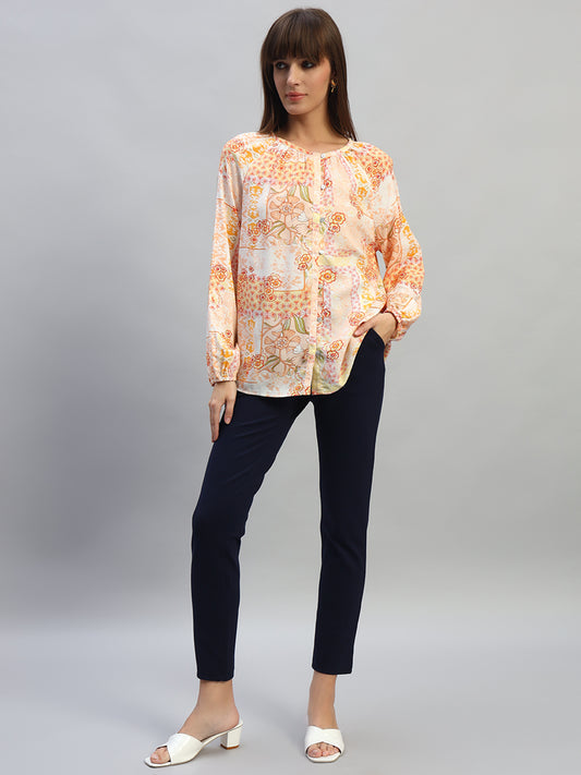 Women's Multi Printed Full Sleeves Round Neck Casual Top