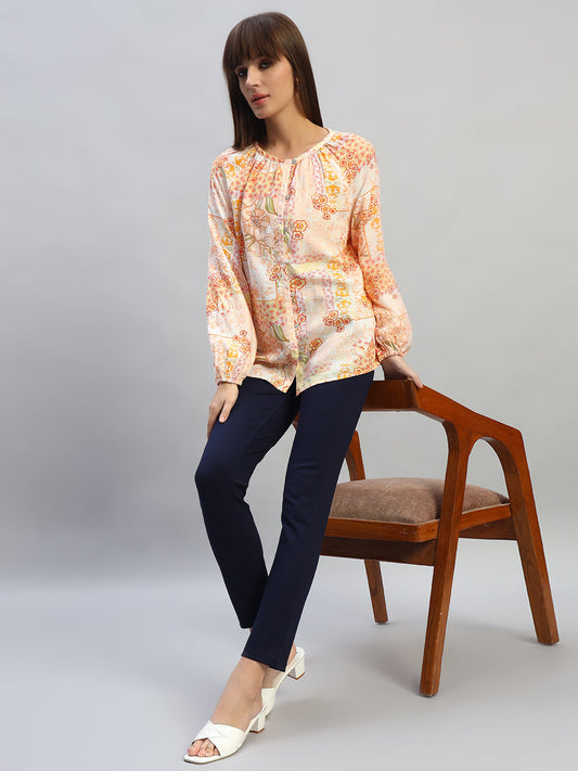 Women's Multi Printed Full Sleeves Round Neck Casual Top