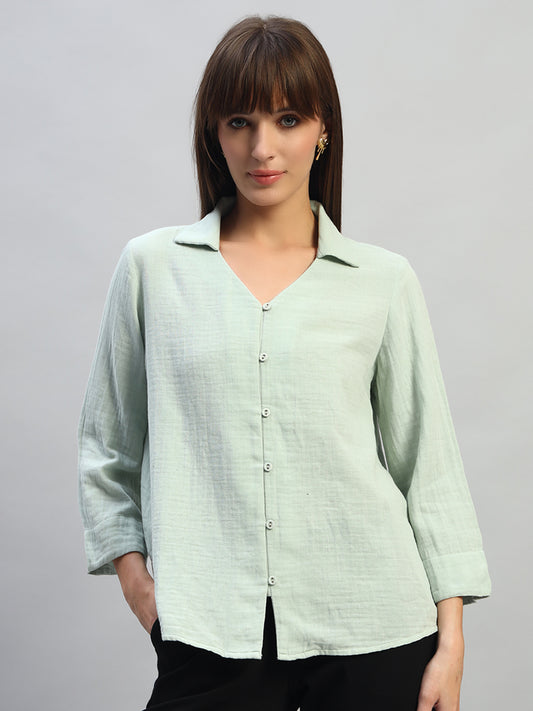 Women's Light Green Solid Full Sleeves V-Neck Casual Top