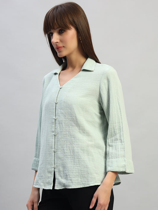 Women's Light Green Solid Full Sleeves V-Neck Casual Top