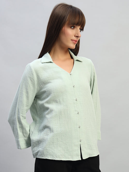 Women's Light Green Solid Full Sleeves V-Neck Casual Top