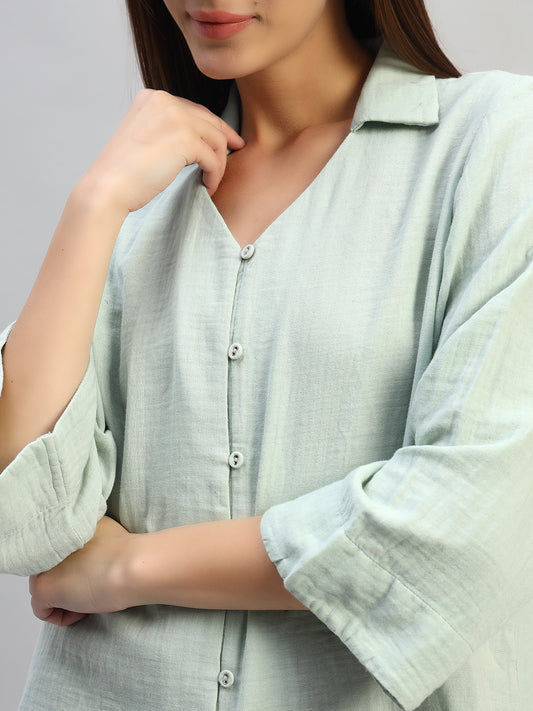 Women's Light Green Solid Full Sleeves V-Neck Casual Top