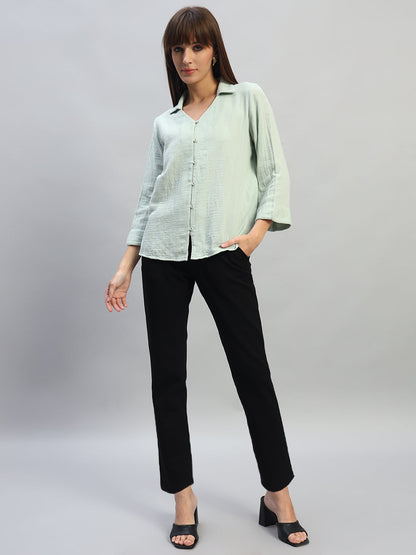 Women's Light Green Solid Full Sleeves V-Neck Casual Top