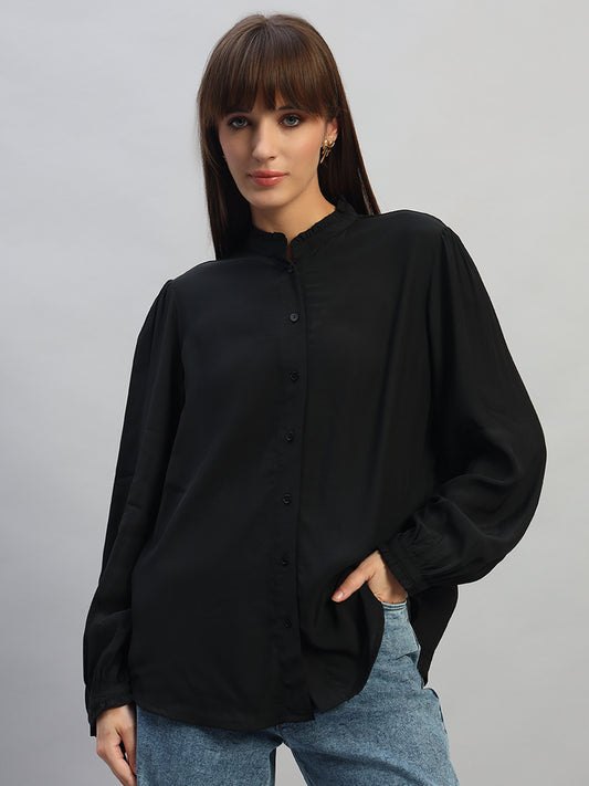 Women's Black Solid Full Sleeves Mandarin Collar Casual Top