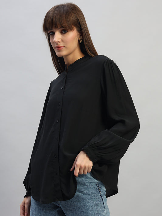 Women's Black Solid Full Sleeves Mandarin Collar Casual Top