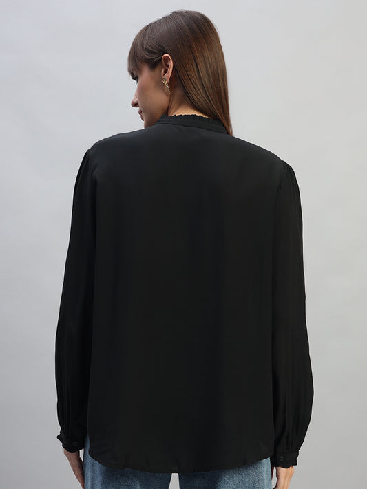 Women's Black Solid Full Sleeves Mandarin Collar Casual Top