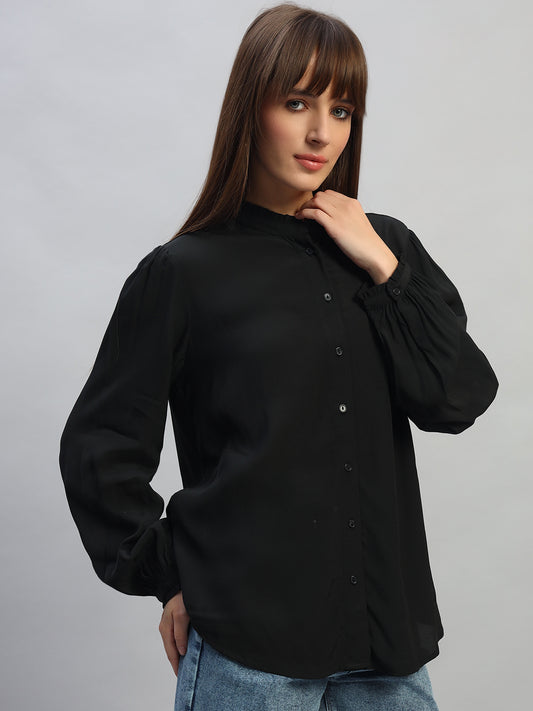 Women's Black Solid Full Sleeves Mandarin Collar Casual Top