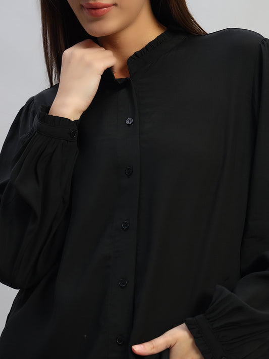 Women's Black Solid Full Sleeves Mandarin Collar Casual Top