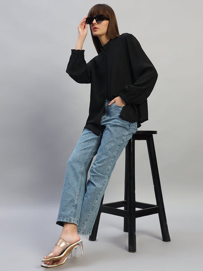 Women's Black Solid Full Sleeves Mandarin Collar Casual Top