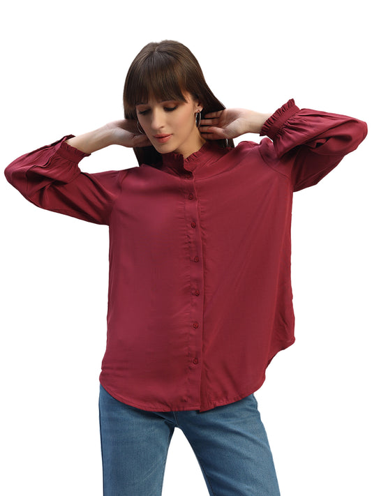 Women's Onion Solid Full Sleeves Mandarin Collar Casual Top