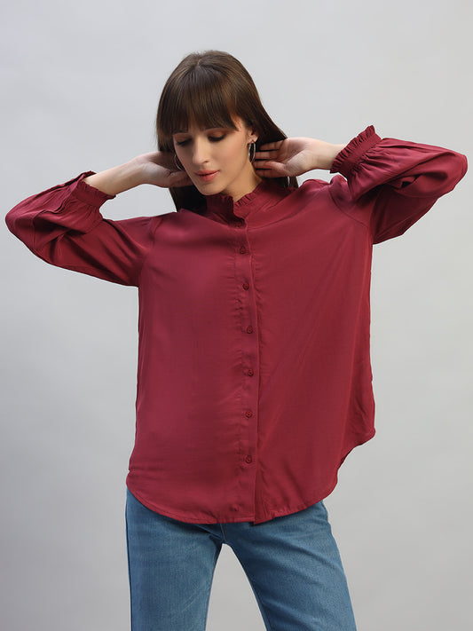 Women's Onion Solid Full Sleeves Mandarin Collar Casual Top