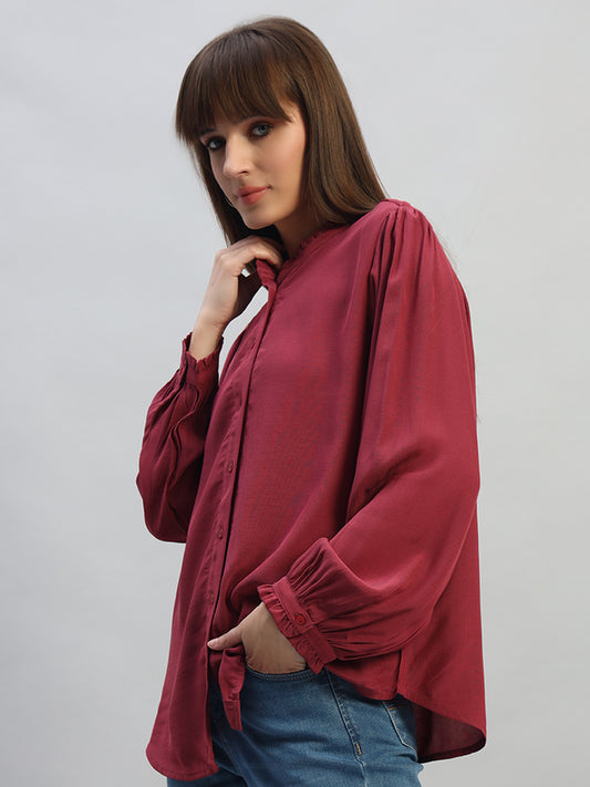 Women's Onion Solid Full Sleeves Mandarin Collar Casual Top