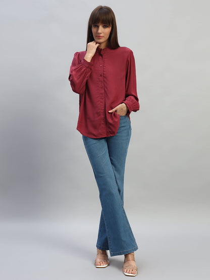 Women's Onion Solid Full Sleeves Mandarin Collar Casual Top