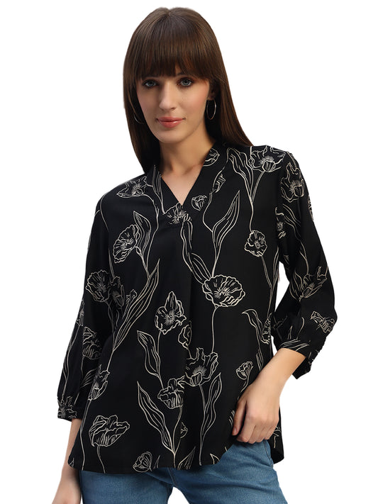 Women's Black Printed Full Sleeves V-Neck Casual Top