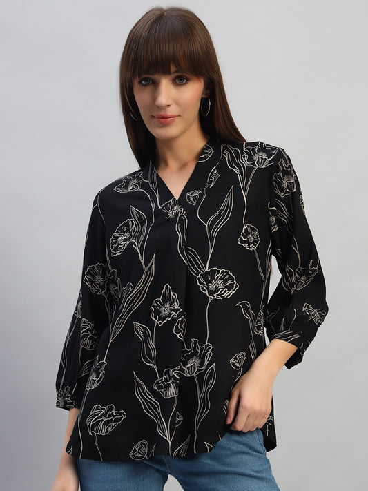 Women's Black Printed Full Sleeves V-Neck Casual Top