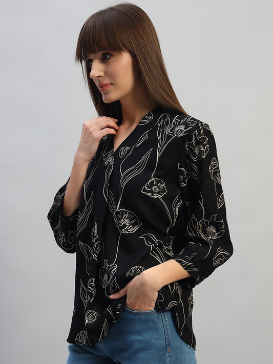 Women's Black Printed Full Sleeves V-Neck Casual Top