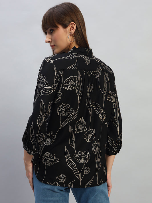 Women's Black Printed Full Sleeves V-Neck Casual Top